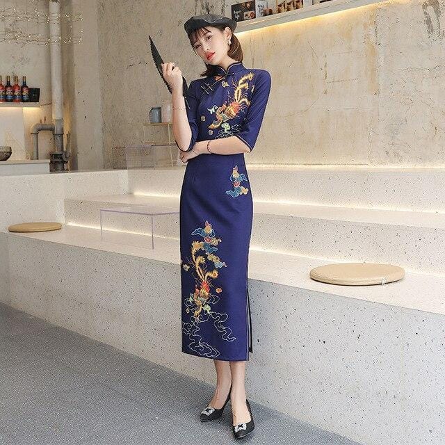 blue and gold chinese dress Silk qipao, Floral color, Spring dress XL main image 0