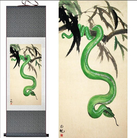 Tableau Chinois <br> Serpent 140cmx45cm / Fond Vert