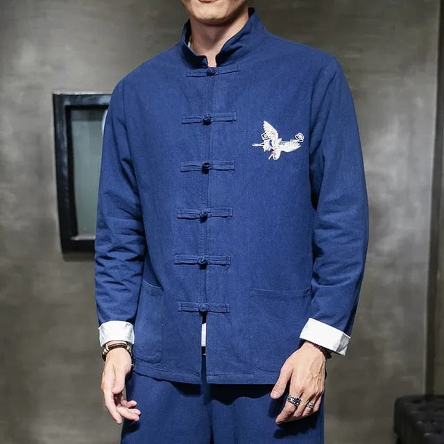 Chemise chinoise Vintage avec col Mandarin, , Slim... - Grandado