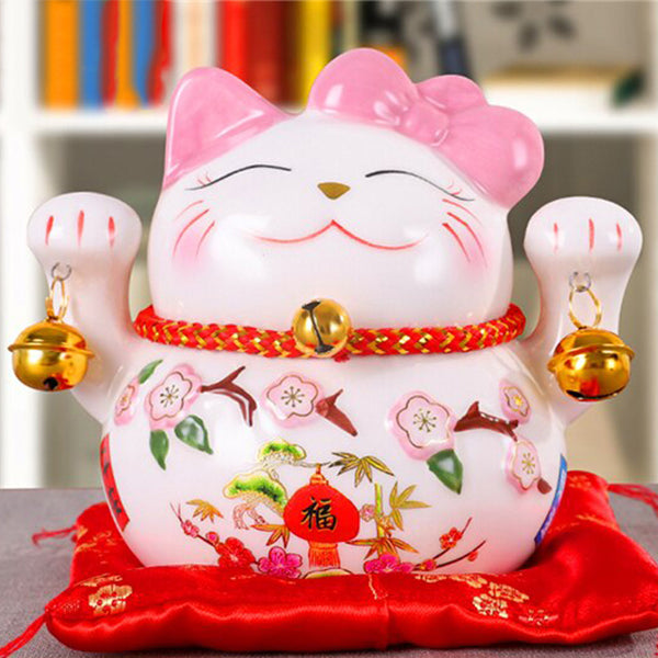 Maneki Neko Glückskatzen-Sparschwein – Japanische Keramik-Katze Mit Glocken, 15 Cm
