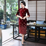 Robe Chinoise Velours Fleurs rouge