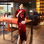 Robe Chinoise Velours Classe rouge foncé mandarin