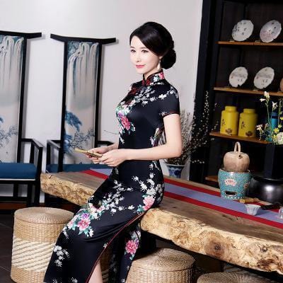 Long Black Chinese Dress | Mandarin Factory Black / XL Long Black Chinese Dress | Mandarin Factory Black / XL