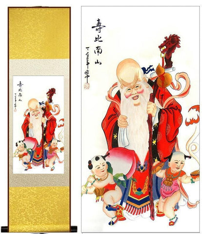 Tableau Chinois <br> Dieu de la Longévité 100cmx30cm / Fond Jaune