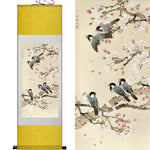 Tableau Chinois <br> Fleurs Oiseaux 100cmx30cm / Fond Jaune