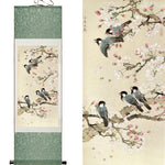 Tableau Chinois <br> Fleurs Oiseaux 100cmx30cm / Fond Vert